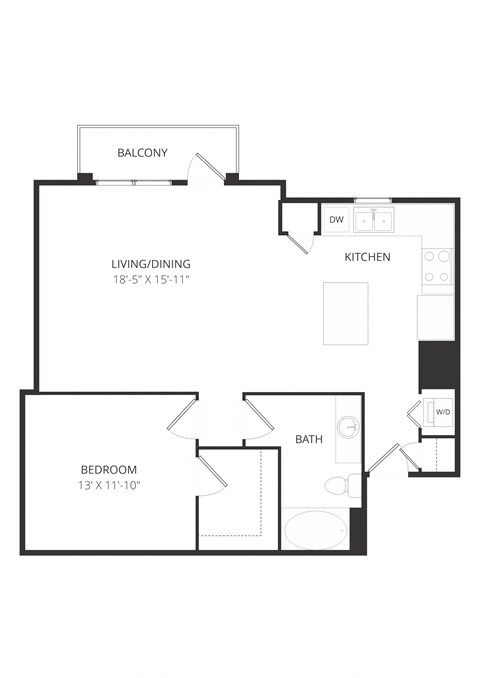 Floor plan for 1 bed, 1 bath, 917 sqft